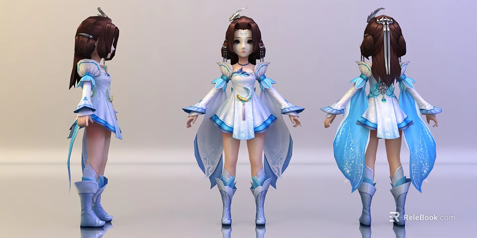 Anime Style Game Character 3D Model With Blue And White Flowing Outfit And Ornamental Hairpiece 3d model 