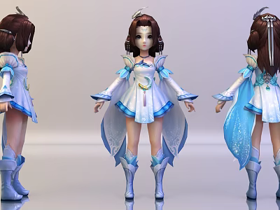 Anime Style Game Character 3D Model With Blue And White Flowing Outfit And Ornamental Hairpiece 3d model