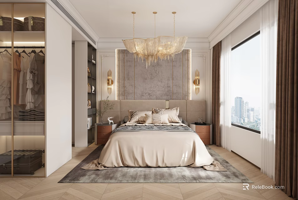 Elegant Modern Bedroom Interior With Walk in Closet Chandelier Large Window Accent Wall And Rug 3d model 