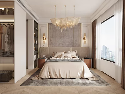 Elegant Modern Bedroom Interior With Walk in Closet Chandelier Large Window Accent Wall And Rug 3d model