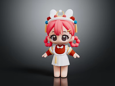 Cute Character Doll With Pink Hair Pigtails Rabbit Ear Hat And Red White Outfit 3d model