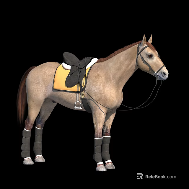 Light Brown Horse With Yellow Saddle Pad Black Saddle And Gray Leg Wraps 3d model 