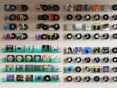 Vintage Vinyl Records Wall Display with Neatly Arranged Colorful Album Covers 3d model