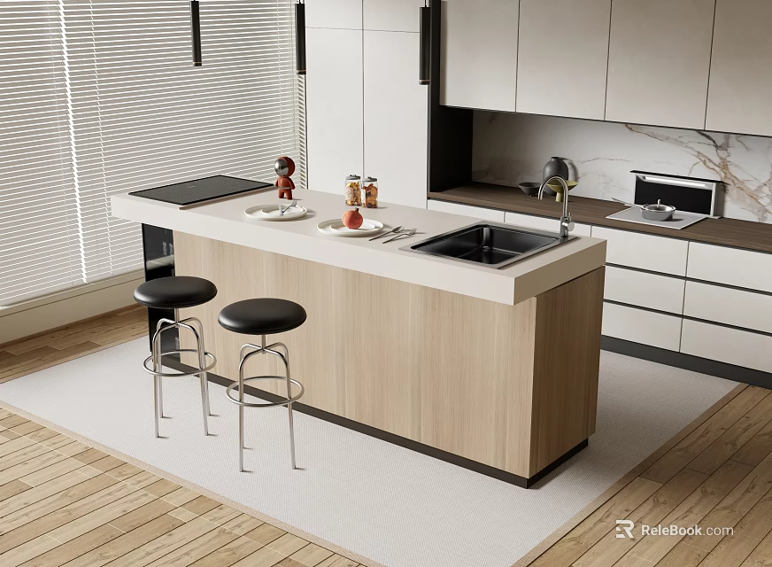 Modern Light Wooden Bar Counter With White Countertop Black Stools And Kitchen Cabinets 3d model 