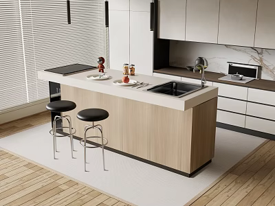 Modern Light Wooden Bar Counter With White Countertop Black Stools And Kitchen Cabinets 3d model