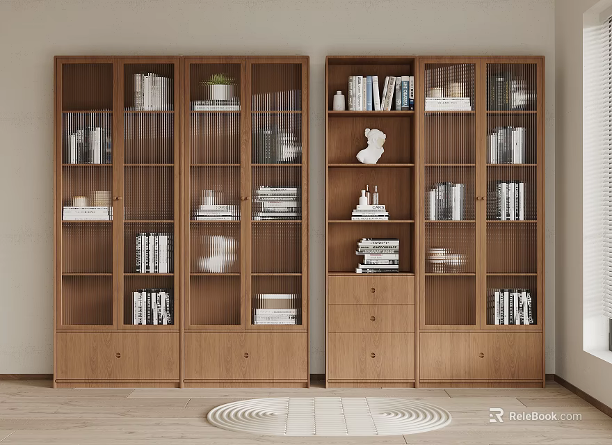 Modern Wooden Bookcase With Glass Doors Open Compartments And Decorative Items 3d model 