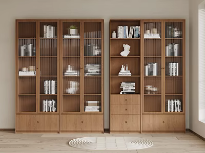 Modern Wooden Bookcase With Glass Doors Open Compartments And Decorative Items 3d model