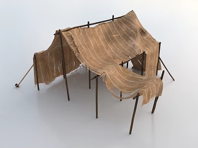 Primitive Worn Tent Structure With Wooden Poles And Rough Woven Fabric 3d model