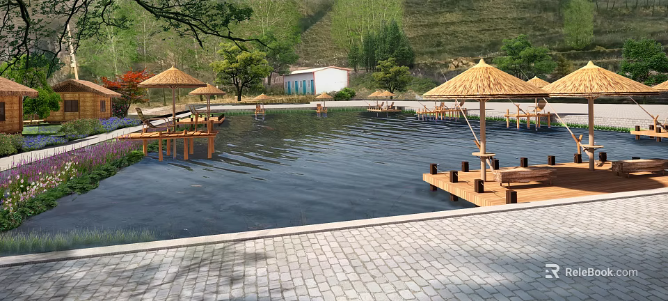 Scenic Hillside Pool Area With Wooden Platforms Thatched Umbrellas And Lounge Chairs 3d model 