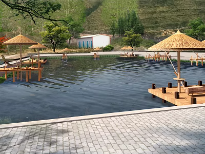 Scenic Hillside Pool Area With Wooden Platforms Thatched Umbrellas And Lounge Chairs 3d model