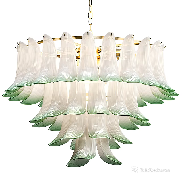 Elegant Multi Tiered Glass Chandelier with Petal Shaped White and Green Shades 3d model 