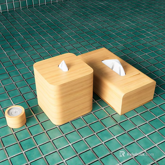 Wooden Household Items Including Tissue Boxes And Small Container On Green Tiled Floor 3d model 