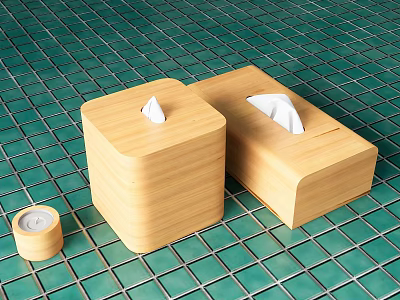 Wooden Household Items Including Tissue Boxes And Small Container On Green Tiled Floor 3d model