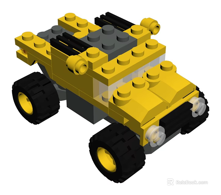 Yellow and Gray Building Blocks Toy Car with Large Black Wheels and Assembled Design 3d model 