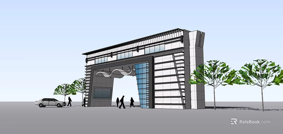 Modern Entrance Gate Design With Glass Facade Metal Structure Trees And People Walking 3d model 