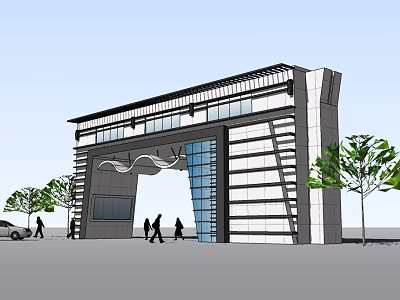 Modern Entrance Gate Design With Glass Facade Metal Structure Trees And People Walking 3d model