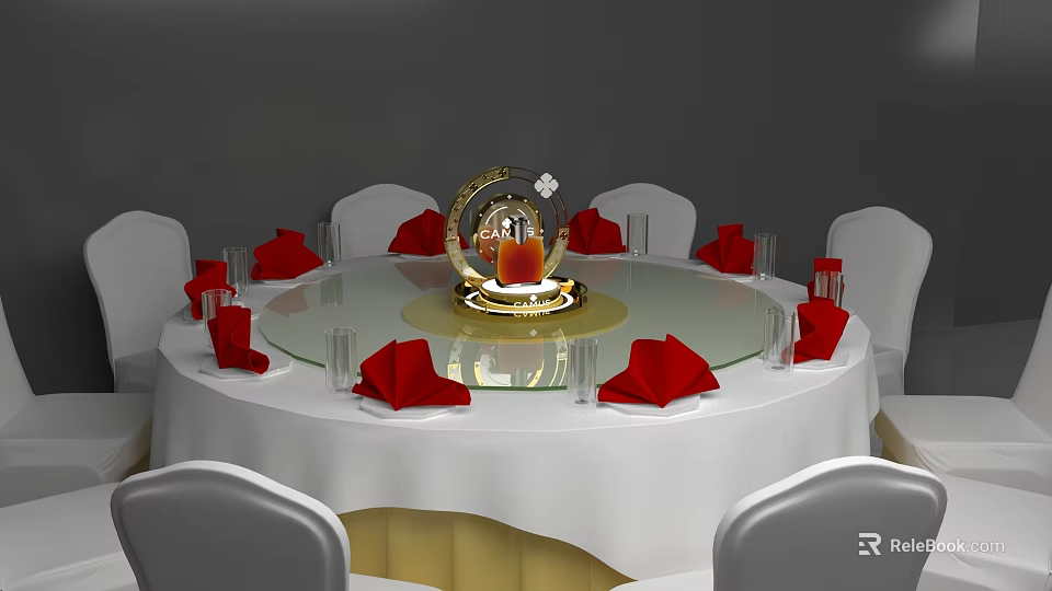 Round Dining Table Set With White Tablecloth Gold Rotating Centerpiece White Chairs Red Napkins Glassware 3d model 