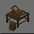 Wooden Functional Table Featuring Tools And Open Storage Box On Tabletop 3d model