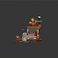 Playful Cartoon Food Stall Scene With Colorful Cart Street Lamp Tables Chairs And Menu Board