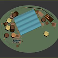 Rustic Market Stall Structure With Blue Roof Wooden Barrels Yellow Umbrellas And Shelves