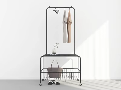 Modern Metal Coat Rack Featuring Hanging Light Coat Storage Basket And Decorative Plant 3d model
