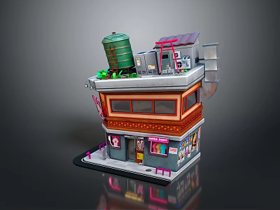 Multi Storey Urban Building With Green Water Tank Roof Structure And Colorful Storefront Windows 3d model