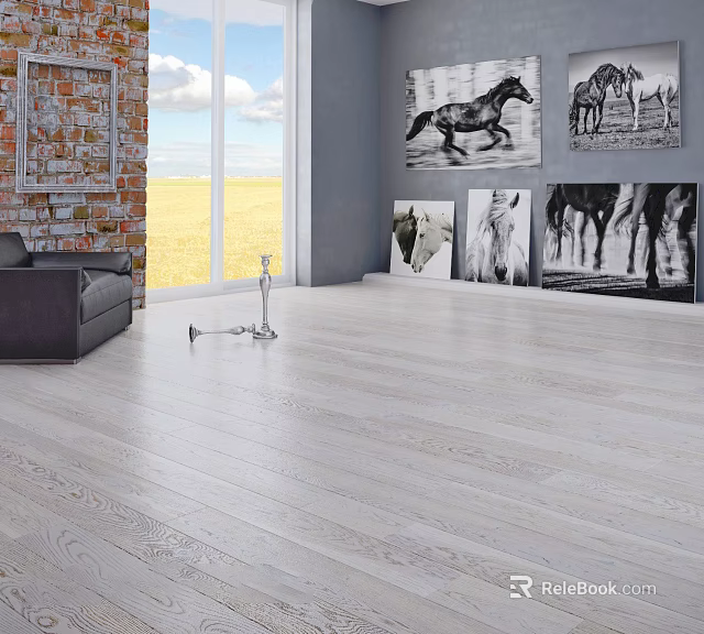 Wooden Floor in Modern Living Room with Gray Sofa Brick Wall Window and Horse Paintings 3d model 