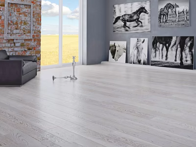 Wooden Floor in Modern Living Room with Gray Sofa Brick Wall Window and Horse Paintings 3d model