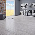 Wooden Floor in Modern Living Room with Gray Sofa Brick Wall Window and Horse Paintings