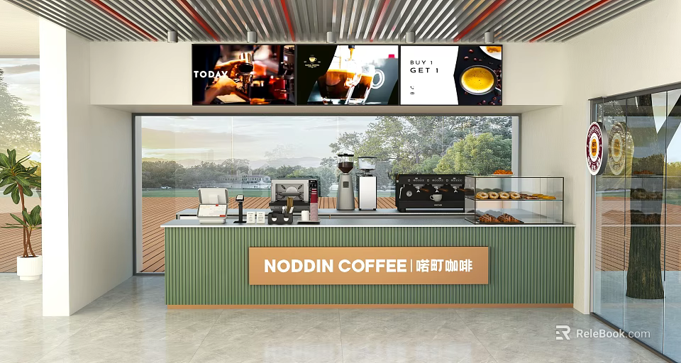 Noddin Coffee Shop Interior Featuring Counter Coffee Machines Pastry Display Large Screens And Scenic Window 3d model 