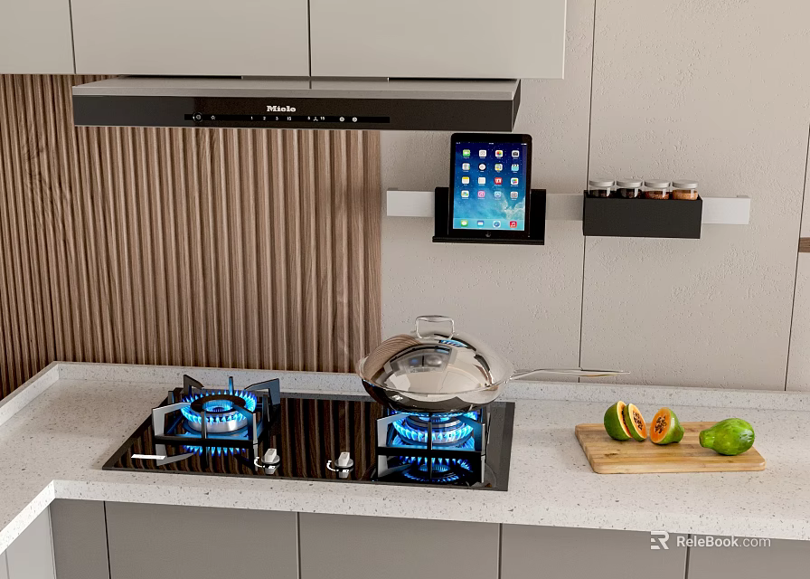 Modern Kitchen With Gas Stove Blue Flames Pot Tablet And Sliced Fruits 3d model 