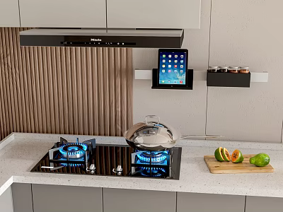 Modern Kitchen With Gas Stove Blue Flames Pot Tablet And Sliced Fruits 3d model