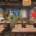 Modern Industrial Hotpot Restaurant Interior With Wooden Tables Bench Seats Hanging Lanterns And Decorative Plants