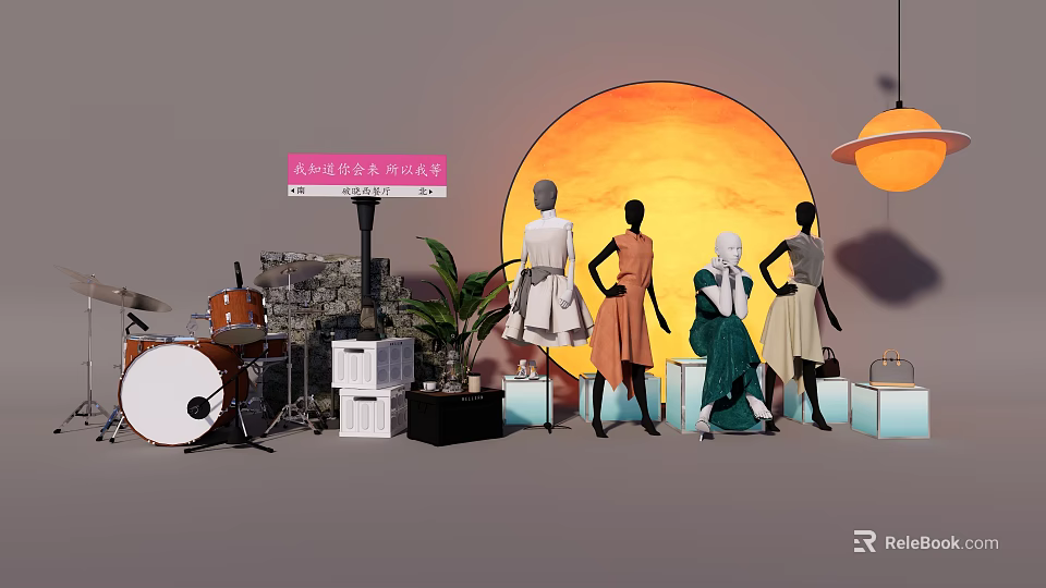 Fashion Window Display With Mannequins In Stylish Outfits Orange Sun Backdrop And Decorative Plants 3d model 