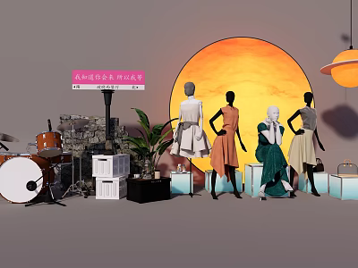Fashion Window Display With Mannequins In Stylish Outfits Orange Sun Backdrop And Decorative Plants 3d model