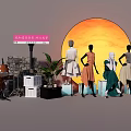 Fashion Window Display With Mannequins In Stylish Outfits Orange Sun Backdrop And Decorative Plants