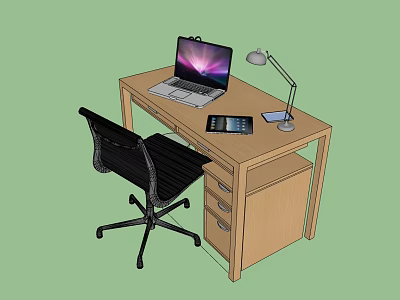 Wooden Office Desk With Laptop Desk Lamp Tablet Smartphone And Black Office Chair 3d model