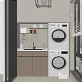 Modern Home Balcony With Washing Machine Dryer Sink And Cabinets Window Blinds City View