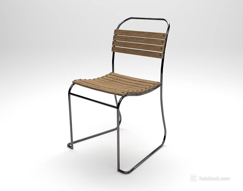 Stylish Leisure Chair With Wooden Slatted Seat And Backrest On Metal Frame 3d model 