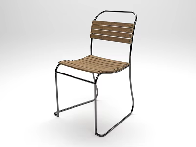 Stylish Leisure Chair With Wooden Slatted Seat And Backrest On Metal Frame 3d model