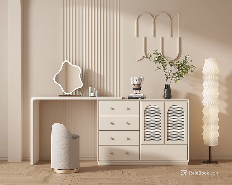 Modern White Dressing Table With Scalloped Mirror Six Drawers Upholstered Chair And Potted Plant 3d model 