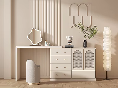 Modern White Dressing Table With Scalloped Mirror Six Drawers Upholstered Chair And Potted Plant 3d model