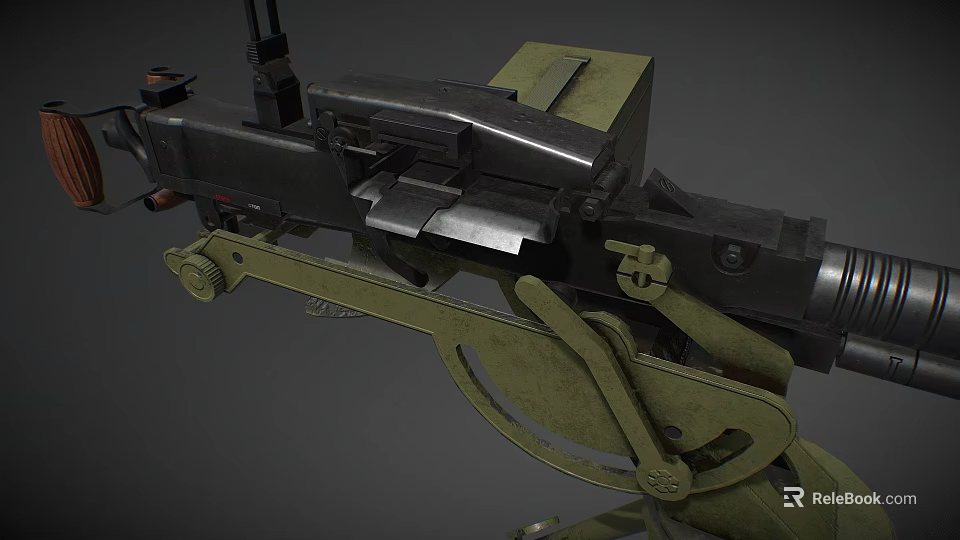 Vintage Military Machine Gun With Green Mount And Metal Barrel Structure Design 3d model 