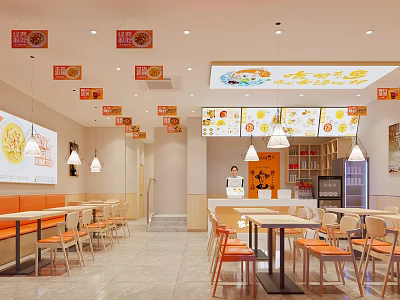 Pizza Restaurant Interior With Orange Seats White Tables Hanging Lights Order Counter And Menu Board 3d model