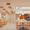 Pizza Restaurant Interior With Orange Seats White Tables Hanging Lights Order Counter And Menu Board