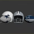 Silver And Blue Football Helmets With Star Logo And Brown Sports Balls