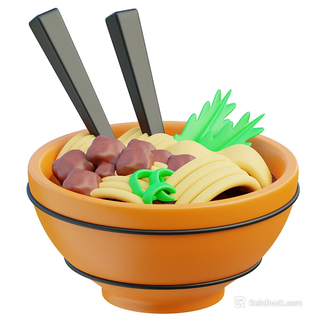 Delicious Noodle Bowl With Meat Chunks Green Vegetables And Chopsticks 3d model 
