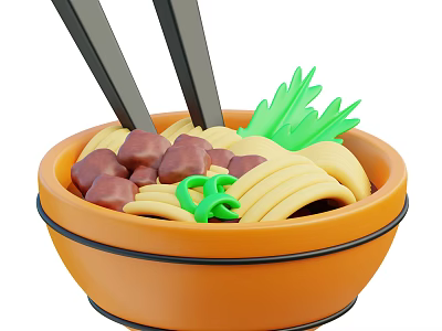 Delicious Noodle Bowl With Meat Chunks Green Vegetables And Chopsticks 3d model