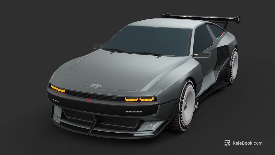 Sporty Gray Sports Car With Aerodynamic Design Yellow Headlights And Rear Spoiler 3d model 