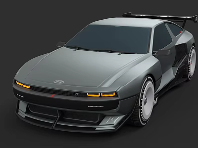 Sporty Gray Sports Car With Aerodynamic Design Yellow Headlights And Rear Spoiler 3d model